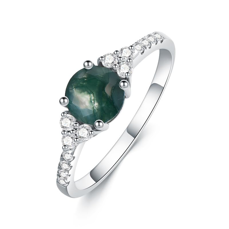 Aihpos Natural Moss Agate Rings for Women - 1.0 Carat Round Cut Moss Agate Engagement Ring 925 Sterling Silver Green Moss Agate Rings