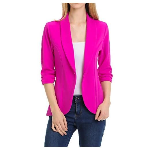 MINEFREE Women's 3/4 Ruched Sleeve Lightweight Work Office Blazer Jacket Berry L