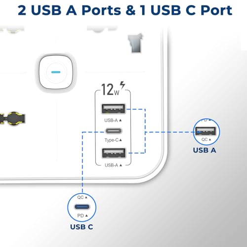 Image of Embox Extension Board with 5 Meter Cable | USB Ports 2 QC 1 PD and 3 Universal Sockets | Extension Cord with Overload Protector | 2500W Extension Board with Switches Safety Shutter LED Indicator
