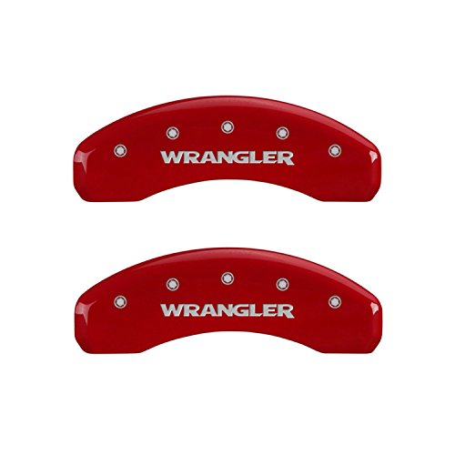 Image of MGP Brake Caliper Covers Compatible with 2007-2017 Jeep Wrangler (Requires 17 inch+ Wheels) Powder-Coated Finish, 4 PCS Front and Rear - Red, Wrangler Engraving
