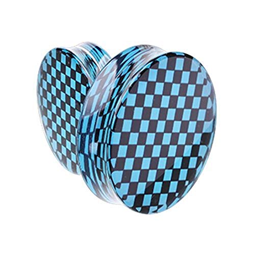 Supersize Classic Checker Inlay Double Flared Ear Gauge Plug (1-1 2  (38mm), Blue Black)