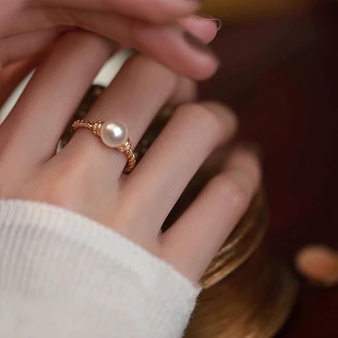 Gold Pearl Ring for Women - Adjustable 14k Gold Cute Engagement Ring Dainty Pearl Finger Ring - Image 3