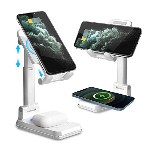 Wireless Charger Stand,2 in1 Dual Djustable Cell Phone Wireless Charging Stand,10W Qi Fast Wireless Charger for iPhone 11/Pro/Max/Xs/Xr/X/8P,AirPods Pro,Samsung Galaxy S20/S10/S9/S8(White)…