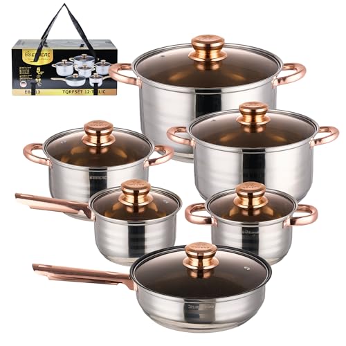12 Piece Kitchen Cookware Set, Stainless Steel Pots and Pan, Nickel Free Non-Toxic Gas and Induction Cookware Set, 5-ply Cooking Pots, Casserole and Frying Pan, Compatible with All Stovetops