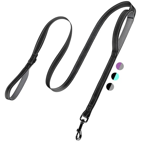 HOSCAPE 2-Handle Dog Leash Heavy Duty, Traffic Control & Night Safety Reflective Lead for Mid Large Dogs, Comfort Padded Grip Dog Leashes for Walking and Training(6 FT x 1 Wide Black+Grey)