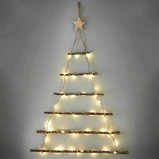 Sentik 64cm Tall Christmas Lit Twig Wall Tree 40 Warm White LED Lights Battery Operated Hanging Xmas Wall Decoration Wooden Rope Ladder Bedroom Living Room