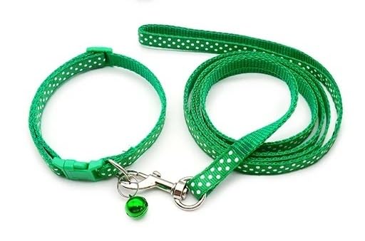 Small Dog Puppy Pet Collar and Lead Set Spot Dot Design Nylon Adjustable Size 19-32cm Collar with Bell and 120cm Leash Green - Image 2