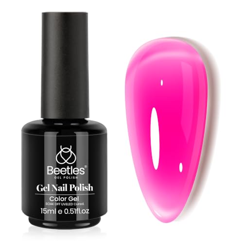 Image of Beetles Hot Pink Gel Polish, 15ML Neon Hot Pink Jelly Gel Nail Polish Sheer Translucent Effect Summer Color Gel Soak Off UV Vibrant Night Series French Nail Art Manicure Gift for Women