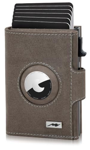 Marc Peter® Chicago Grau Leder Push Air Slim Wallet | Airtag Geldbörse mit Münzfach | RFID Schutz kleines Mini Portmonee