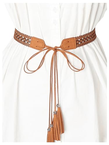 Verdusa Women's Boho Tie Waist Belt Tassel Hollow Out Leather Belts