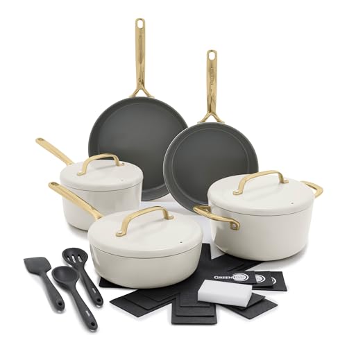 Image of GreenPan GP5 14 Piece Cookware Pots and Pans Set, Hard Anodized Healthy Ceramic Nonstick PFAS-Free, Champagne Handles, Heavy Gauge, Stay-Flat Surface, Induction, Dishwasher and Oven Safe, Cream
