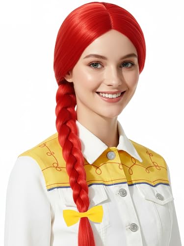 ZGXYZXMY Red Braid Princess Wig Red Braided Pre-styled Wig + Cap for Halloween Costume Party Cosplay