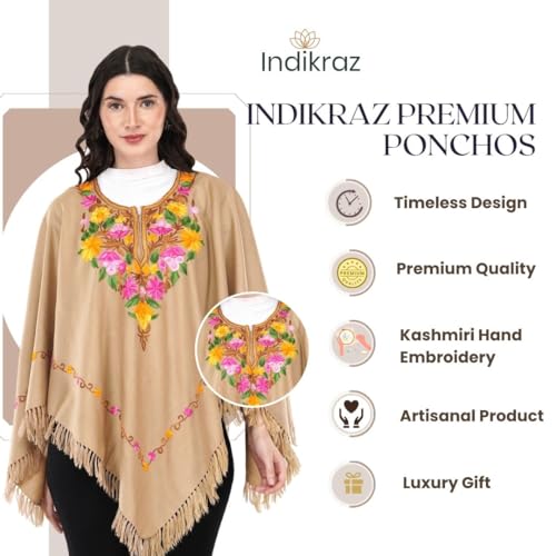 Image of Premium Women's Kashmiri hand embroidery floral woollen poncho Indian cape wrap shrug Free size