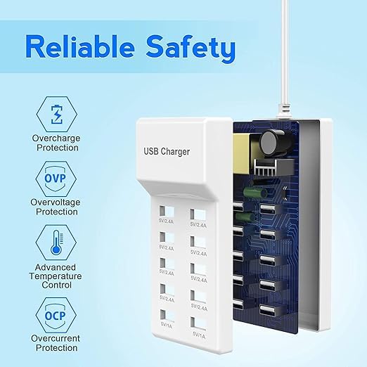 Image of WeFly USB Mobile Charger, Charging Station with Turbo Charging Auto Detect Technology Safety Guaranteed 10-Port Smart USB Ports for Multiple Devices Smart Phone Tablet Smart Watch (White)