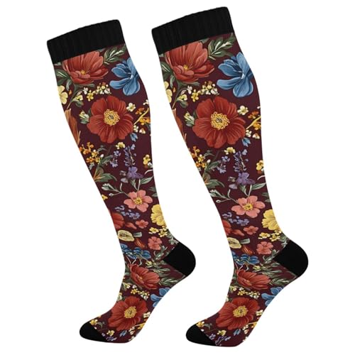 BOESI Doodle Colorful Flowers Compression Socks, Women's and Men's Knee High Running Socks for Sports