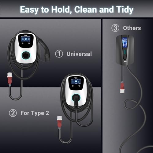 Tera EV Charger Smart App with 32A Type 2 22kW or 11kW Home Charging Station 400V CE & TÜV Wallbox 7 m Charging Cable with Charger Holder App Control CEE 3-Phase Plug for All EVs and PHEVs W01 White
