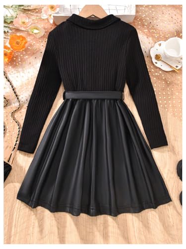 SHENHE Girl's Ribbed Long Sleeve PU Leather Patchwork Belted A Line Flowy Skater Dress2