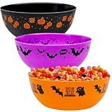 Zcaukya 3 Packs Halloween Candy Bowls, 9.6' Plastic Trick-Or-Treat Holders Pattered with Bat Ghost Jack-O-Lantern, Purple Black Orange Treats Serving Trays for Halloween Parties Supplies