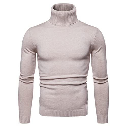 Vogrtcc Pull chaud à col roulé pour homme - Coupe ajustée - Pull tricoté à manches longues - Couleur unie, beige, XL Cover