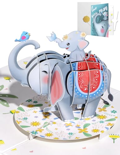 JMHACHY Biglietto pop-up per la mamma con busta, design colorato, perfetto per ogni occasione, elefante amore per la mamma