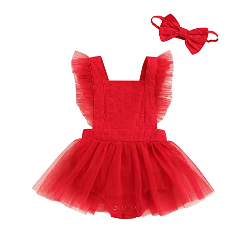 Ensemble de 2 pièces pour bébé fille avec robe rouge en dentelle et col carré, Rouge, 6-12 mois Cover