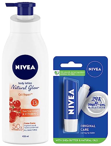 Nivea Body Lotion, Extra Whitening Cell Repair SPF 15, For All Skin Types, 400ml & Lip Balm, Original Care, 4.8g