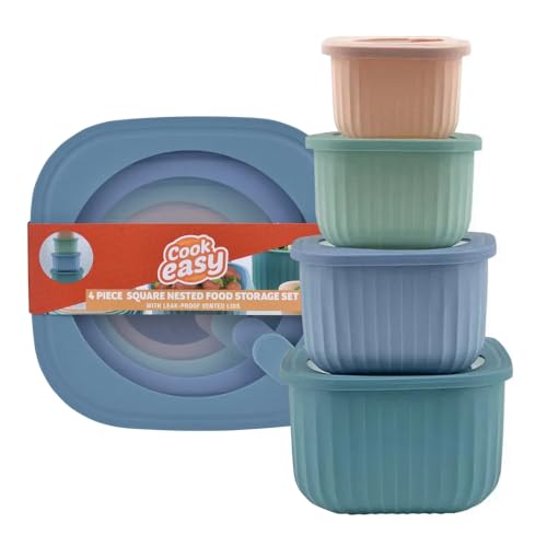 Cook Easy 4PCS Nesting Mixing Bowls Set with Lids, Square Deep Mixing Nesting Bowls, Versatile Plastic Meal Prep Bowls Set for Kitchen Mixing,Serving and Storage,Microwave & Freezer Safe (Square)