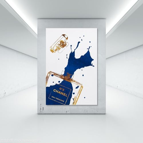 Image of BanLaArt Fashion Gold Perfume Bottle With Navy Blue Splash Canvas Print Poster Decorative Painting Canvas Wall Art Picture Print Modern Family Bedroom Decor 12x18inch(30x45cm), style-1