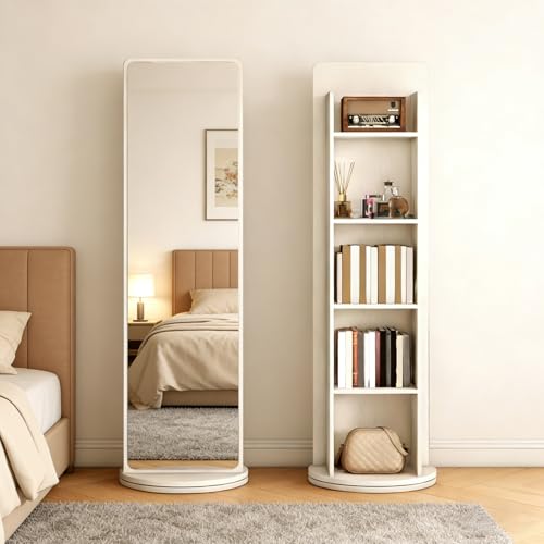 360 Rotating Full Length Mirror with Storage 5-Tier Floor Stabding Bookcase with Full Body Mirrors Swivel Dressing Mirror and Magazine Rack for Living Room 168 x 40cm