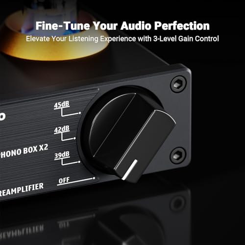 Image of Fosi Audio Box X2 Phono Preamp, Mini Stereo Audio Hi-Fi Preamplifier with Gain Gear, Pre-Amplifier for MM Turntable Phonograph and Record Player, with DC 12V Power Supply