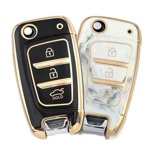 Image of keyzone TPU key cover combo compatible for Hyundai i20, Kona, Verna 3 button flip key (Gold TPU + Marble TPU)