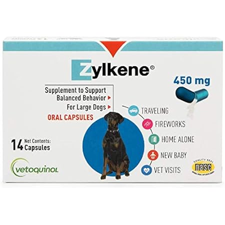 Vetoquinol Zylkene Calming Supplements for Large Dogs from 33-132lbs, Helps Relieve Dog Anxiety and Cat Anxiety, Non Drowsy, 450mg