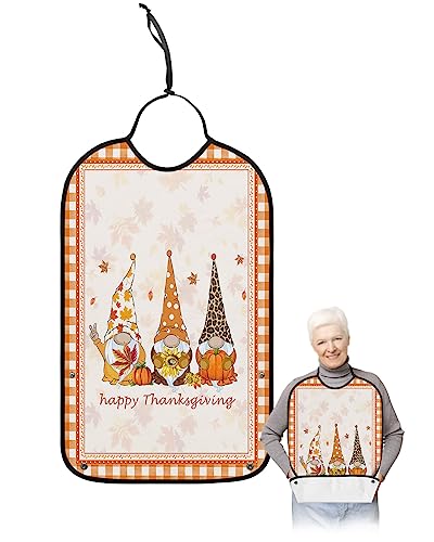 Thanksgiving Adult Bibs for Eating, Waterproof Bibs with Food Catcher & Adjustable Snap Closure, Fall Pumpkin Maple Leaf Gnomes Orange Plaid Clothing Protectors Adult Bibs for Elderly Women/Men