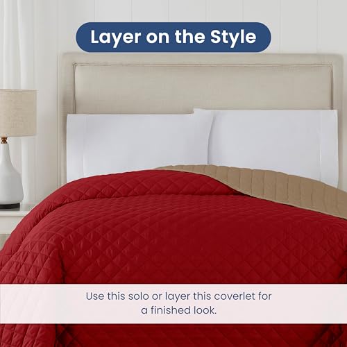 Image of Martex Reversible Coverlet - Full Queen Size Quilt - Lightweight Full Size Bedding- Durable Queen Size Quilts for Bed - Soft - Easy Care Bedding - Khaki /Red