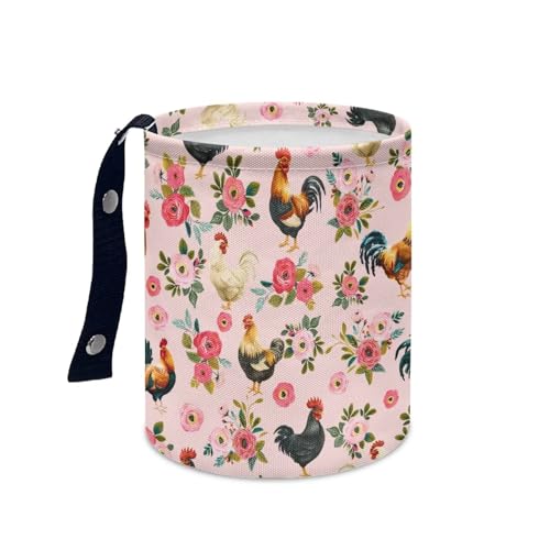 Image of Renewold Car Trash Can Foldable with Adjustable Button Straps Pink Floral Chickens Rooster Organizer Bag for Car Trip Camping Picnic Auto Garbage Can for Console Seat Trash Bin for SUV Van Sedan Truck