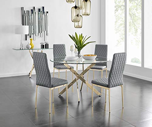 Elegante juego de mesa de comedor redonda de cristal con sillas Milan de 4/6 den, elegante base de metal y tapicería gris elefante, perfecto para comedores modernos