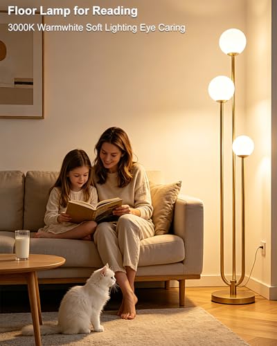 Image of 63IN 3-Light Dimmable Floor Lamp, Unique Gold Tall Standing Lamps with 3000K G9 Bulbs for Reading, Mid Century Modern Floor Lamp with 5Lbs Heavy Base for Living Room Bedroom Home Office