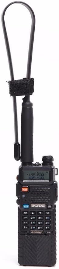 ABBREE tactical antenna attached to a Baofeng radio, shown folded.