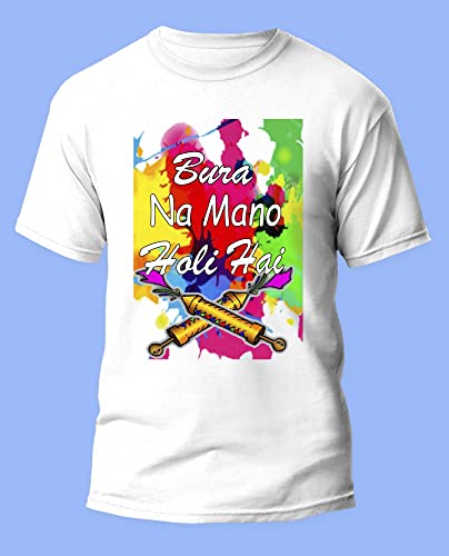 Image of Knitted Polycotton Fabric Regular Fit Men Boys Half Sleeve T-Shirt for Festival of Holi Style 12 White Size : Free