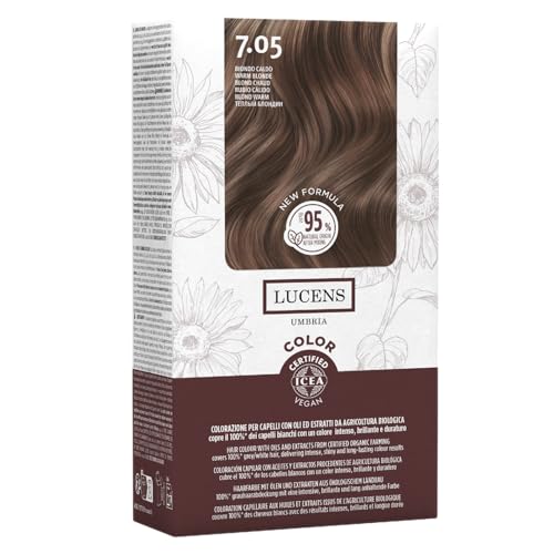Lucens Umbria - 7.05 Biondo Caldo, Tinta per Capelli Senza Ammoniaca, Kit Colorazione Permanente Vegan con Estratti Naturali, Azione Lenitiva, Idratante e Protettiva