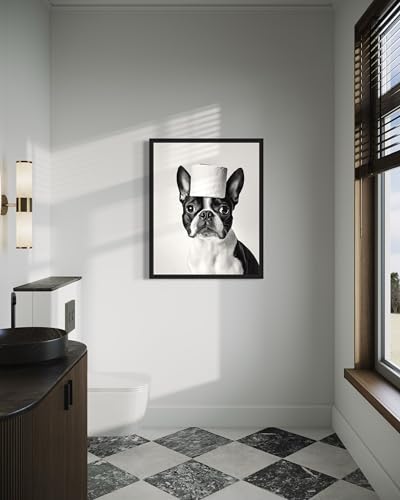 Image of Boston Terrier Funny Bathroom Black Framed Wall Art Print Poster, Dog Pet Lover Picture Painting Artwork Bedroom Living Room Office Dining Room 150D (Boston Terrier Funny Bathroom, 10 inchL x 8 inchW, Black Frame)