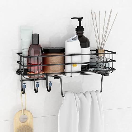 Image of Plantex Self Adhesive Bathroom Shelf /GI Steel Bathroom Shelf with Hook and Napkin Holder /Bathroom Organizer Without Drill /3 in 1 Wall Adhesive Shelf /Bathroom Accessories Set-(Black)