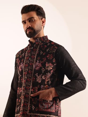 Image of SOJANYA Men's Silk Blend Black Kurta & White Pyjama With Velvet Paisley Design Nehru Jacket