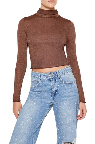 Forever 21 Blusa cropped feminina de malha com glitter e gola rolĂŞ, Marrom, G