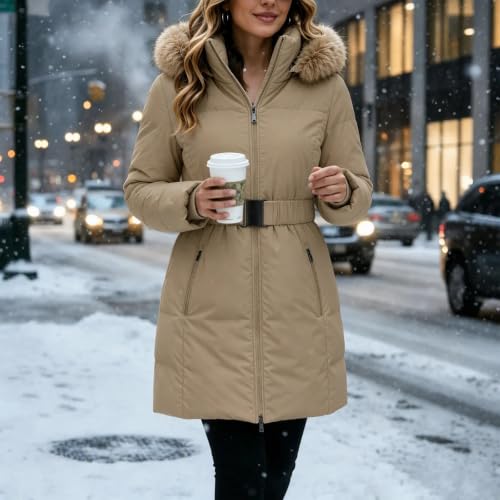 Long Puffer Coat Women 2026 Winter Quilted Jacket with Fur Hood and Belt | Womens Belted Puffer Coat with Faux Fur Hood, Zip Pockets, Ribbed Cuffs, and Mid-Length Warmth for Fall Layering. - image 3