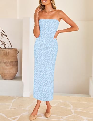 Image of ZESICA Women's 2026 Summer Floral Strapless Bodycon Midi Dress Off Shoulder Beach Formal Cocktail Wedding Guest Long Dresses