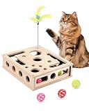 Cat Toys for Indoor Cats - Interactive Box Puzzle Toy Nail File Scratcher Hunting Play Toy with 3 Jingle Balls & 1 Feather Wand, Wooden Puzzle Treat Toy Box Energize Cat Instincts for Bored Cats