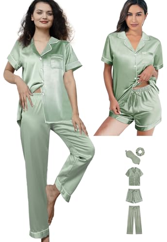 5Pcs Womens Silk Satin Pajamas Sets XS-XXL Short Pj Sets Button Down Pjs Set Sleepwear Loungewear