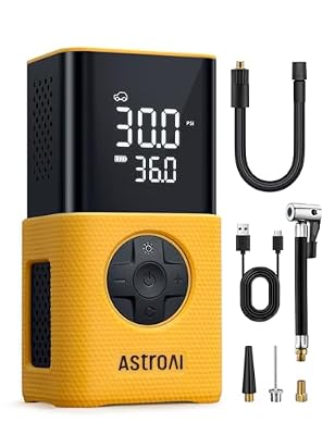AstroAI Tire Inflator L7S Portable Air Compressor Cordless Bike Air Pump with Digital Dual Values Display, 150 PSI Car Tires Pump with LED Lights Air Pump for Auto, Motorcycles, Bikes, Balls Yellow