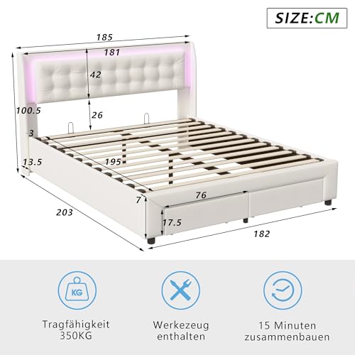 SHAODENG Boxspringbett 180x200 Doppelbett mit LED-Kopfteil, Hydraulisch Stauraumbett mit 2 Schubladen, Bettgestell mit Stauraum und Lattenrost, Beige Samt Gepolsterte Bett, ohne Matratze